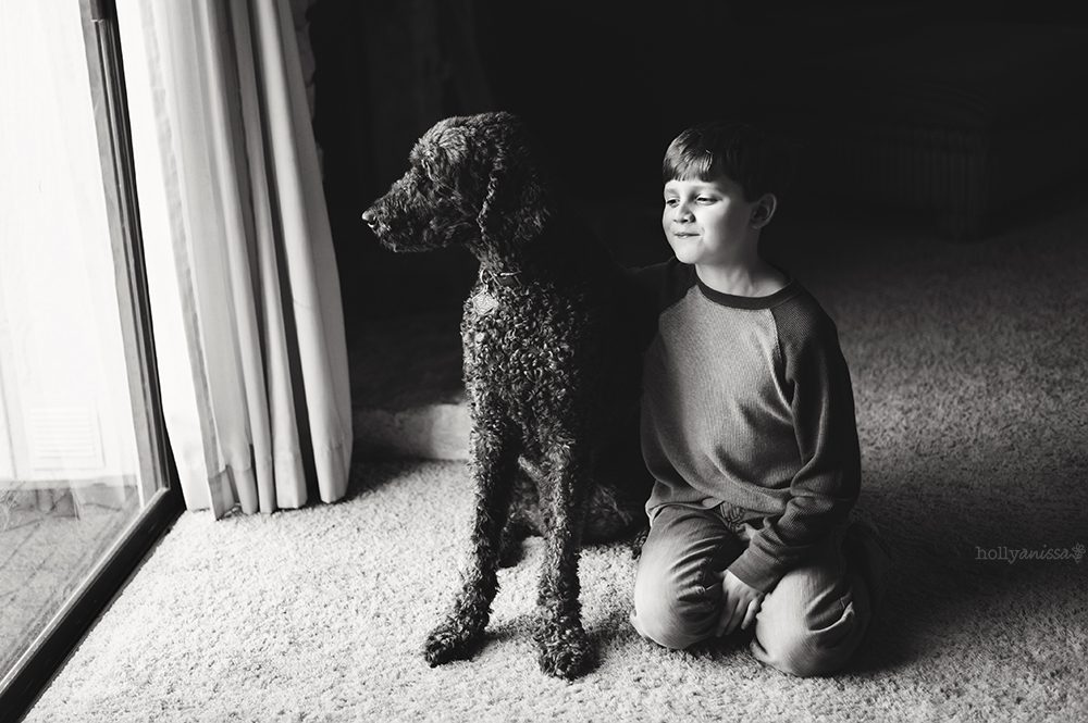 Austin child pet dog canine Labradoodle boy black and white photographer